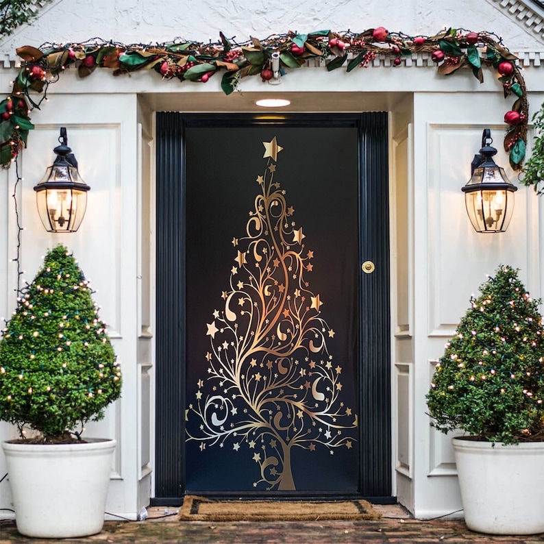 Golden Christmas Tree Door Decoration Christmas Door Covers Outdoor Christmas Decorations Front Door Decor Door Cover Home Decor image 1