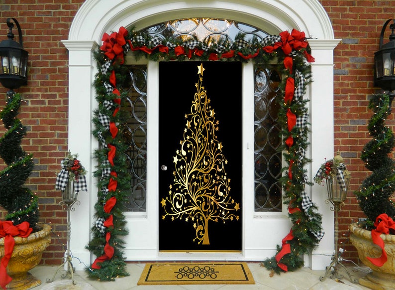 Golden Christmas Tree Door Decoration - Christmas Door Covers - Outdoor Christmas Decorations - Front Door Decor - Door Cover - Home Decor 