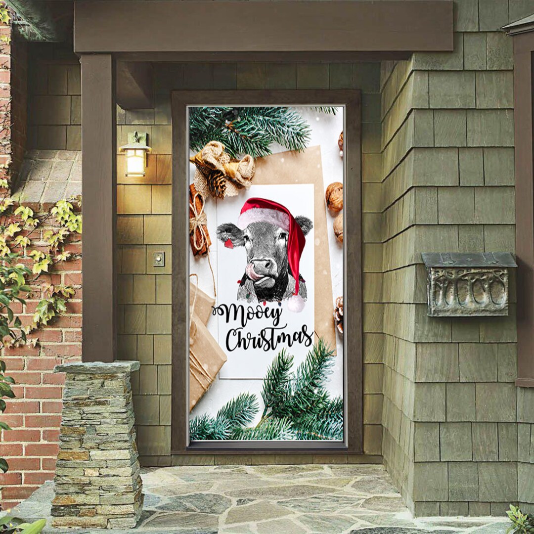 Mooey Christmas Door Cover Christmas Cow Christmas Door Covers Outdoor