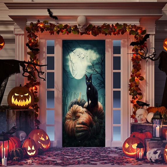 Black Cat Halloween Door Cover – Washable, Reusable Fabric Door Decor