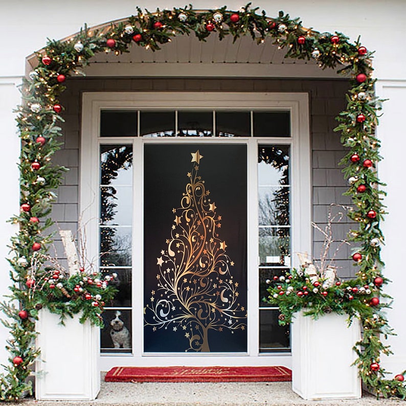 Golden Christmas Tree Door Decoration Christmas Door Covers Outdoor Christmas Decorations Front Door Decor Door Cover Home Decor image 4