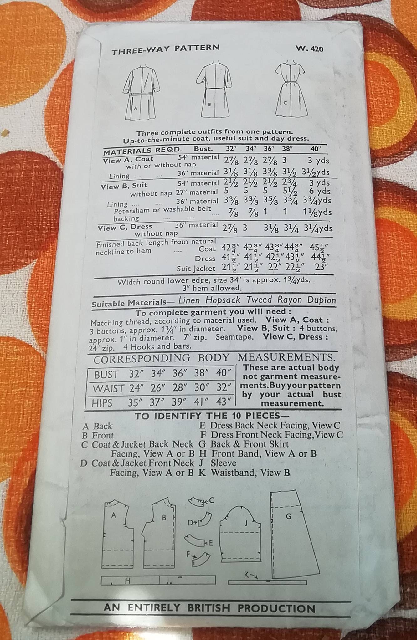 Vintage Sewing Pattern for Three Ladies Outfits. Coat, Suit and Dress