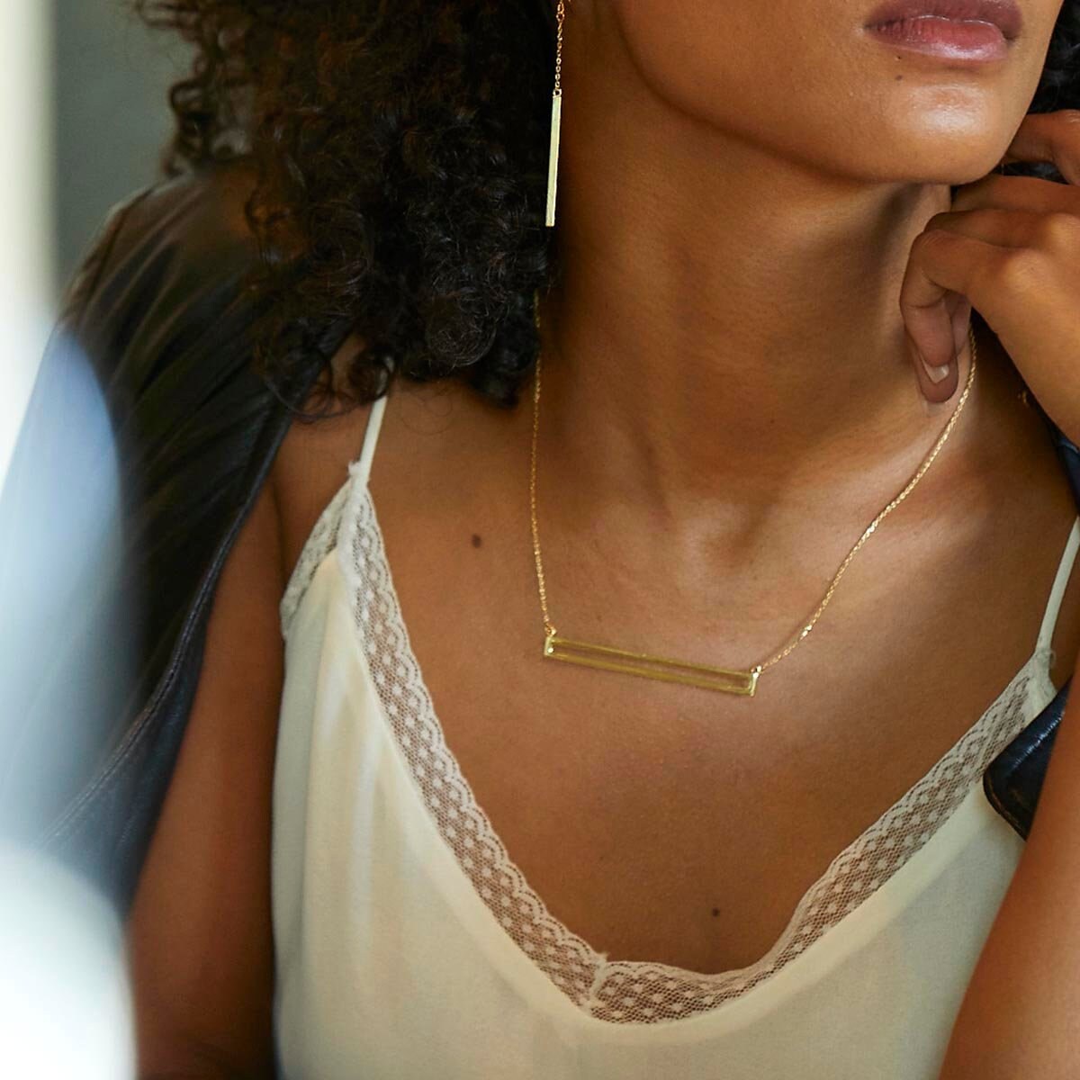 14K GoldPlated Rectangle Necklace Modern Geometric Chain Etsy