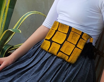 Belt Hip Bag OOAK Felted mustard yellow small bag  Unique Festival bag  Gift for her Super trendy geometrical pattern Slowfashion
