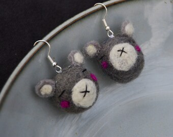 Felt gray bear earrings, hanging wool earrings, small animal accessories for kid, for girl, bear lover gift.