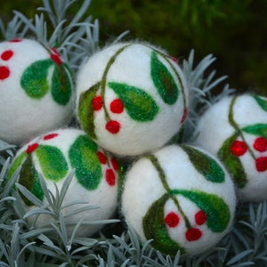 Christmas tree felt ornament set of 4, Handmade hanging decor, shiny wool felted balls, small christmas gift