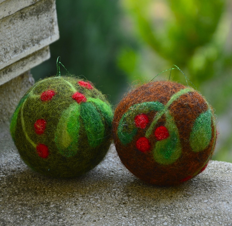 Christmas tree felt ornament set of 2, Handmade hanging decoration, shiny wool felted balls, small christmas gift image 1