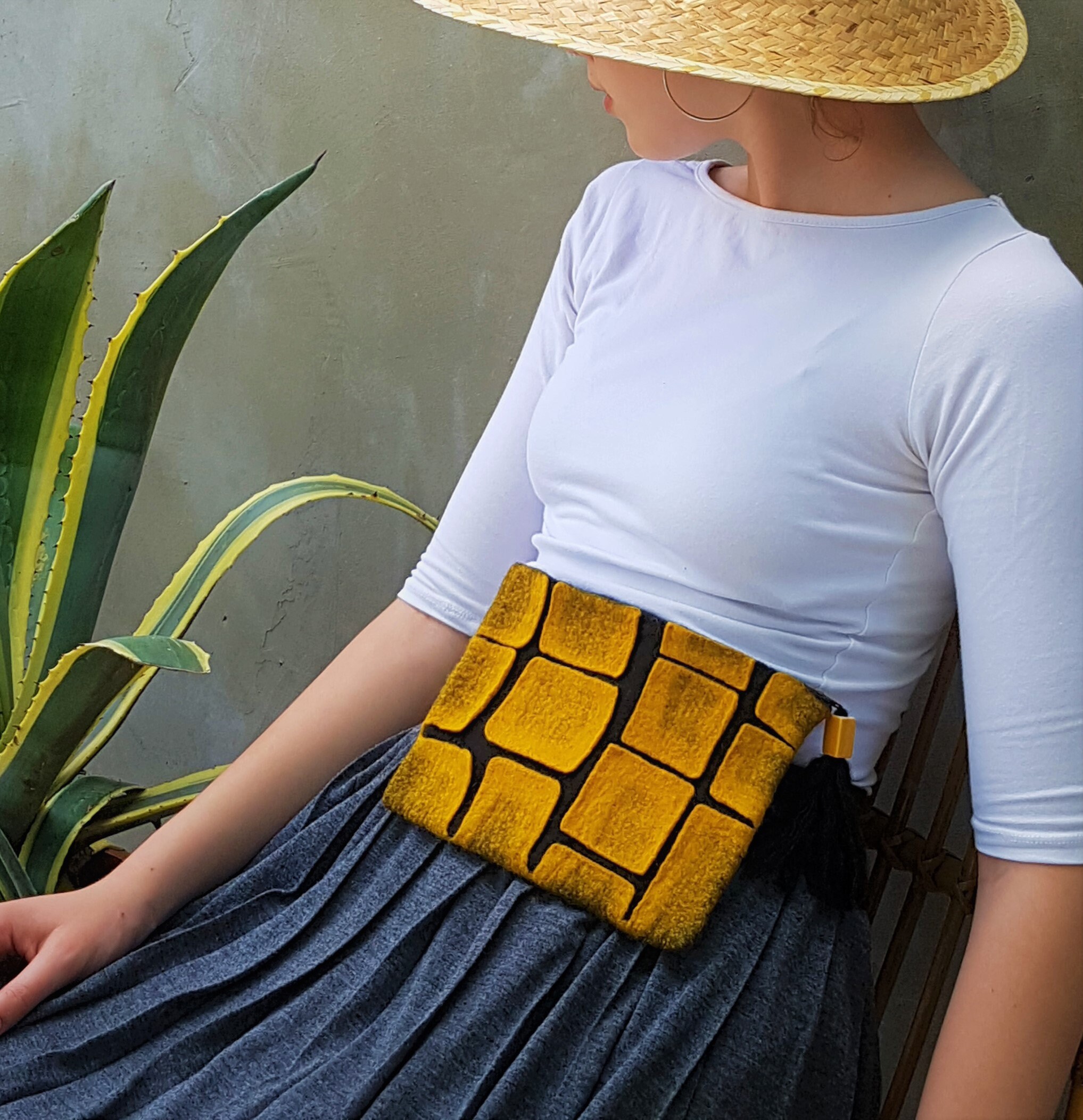 Belt Hip Bag OOAK Felted Mustard Yellow Small Bag Unique Festival Bag