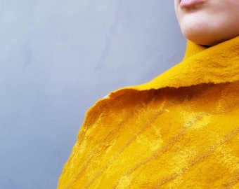 Felt scarf, mustard yellow scarf, felted merino wool shawl, neck warmer, gift idea for women, for Christmas