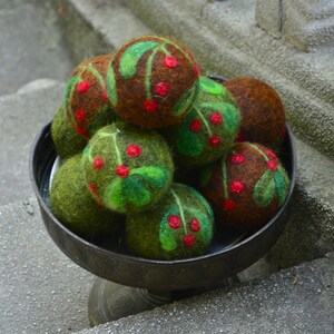 Christmas tree felt ornament set of 2, Handmade hanging decoration, shiny wool felted balls, small christmas gift image 3