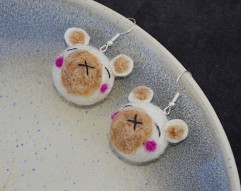 Felt bear earrings, hanging wool earrings, small animal accessories for kid, for teen, bear lover gift