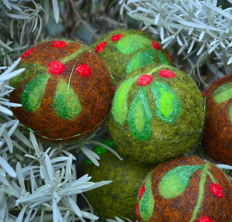 Christmas tree felt ornament set of 2, Handmade hanging decoration, shiny wool felted balls, small christmas gift image 8