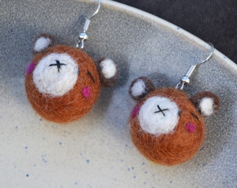 Brown bear earrings , felt bear jewellery, small gift for her, for girl, bear lover gift.