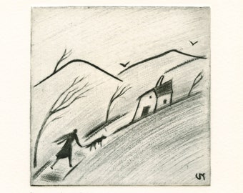 Homecoming drypoint etching print