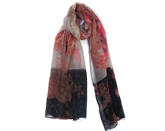 Foulard femme – laine/soie – motif grande surface – rouge, marron, noir, naturel – haute qualité, super doux, 70 x 180 cm