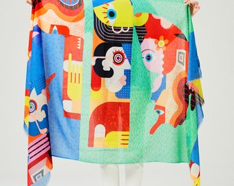 farbenfroher Sommerschal, avantgardistisches Muster, Baumwolle, Modal, 100 x 180 cm