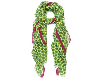 Women's scarf – 100% wool – graphic pattern, contrasting border – colour variations – high quality, super soft