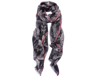 Women's scarf – wool/silk – black, grey, dark red – IKAT design – high quality, super soft, 180 x 70 cm