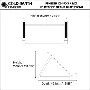 3D printed Pioneer XDJ RX2 / RX3 DJ Controller 45 degree stand dimensions by Cold Earth Industries, shown on a white background