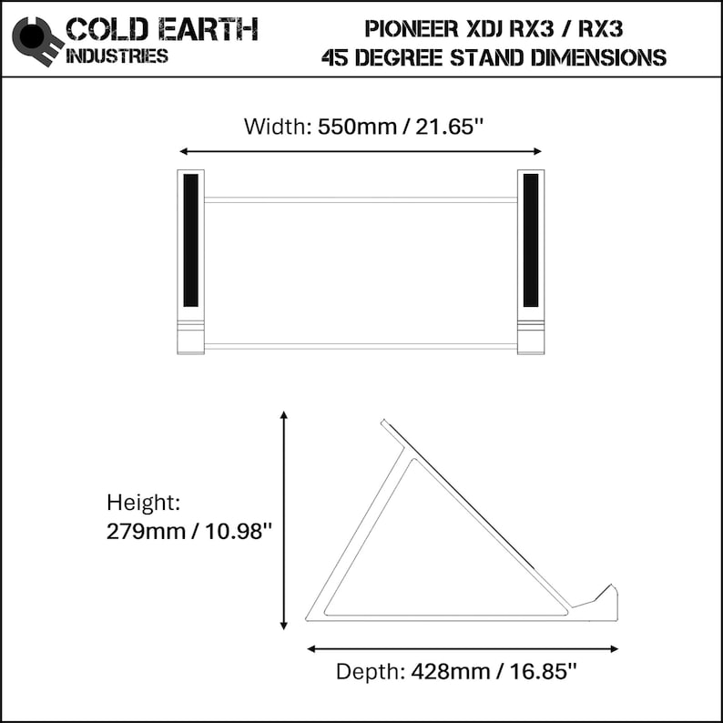 3D printed Pioneer XDJ RX2 / RX3 DJ Controller 45 degree stand dimensions by Cold Earth Industries, shown on a white background