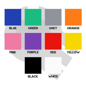 Colour Chart showing 10 different colours, on a white background