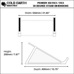 3D printed Pioneer XDJ RX2 / RX3 DJ Controller 30 degree stand dimensions by Cold Earth Industries, shown on a white background