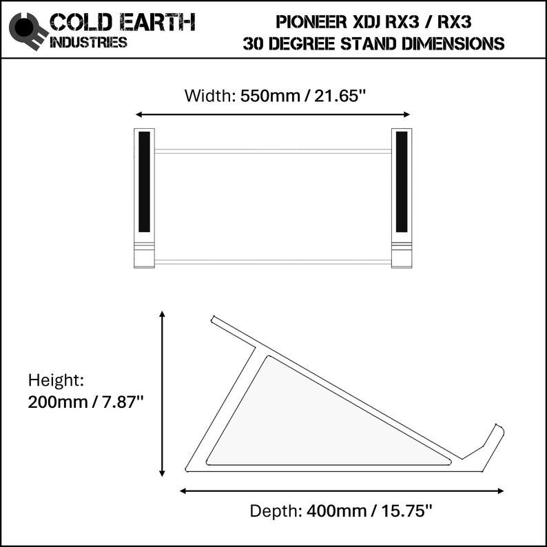 3D printed Pioneer XDJ RX2 / RX3 DJ Controller 30 degree stand dimensions by Cold Earth Industries, shown on a white background