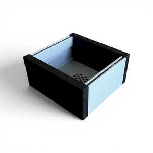 May include: A modern, square container with a black frame and light blue sides. The interior is light gray with a perforated bottom. The design is minimalist and geometric, suitable for various storage purposes.