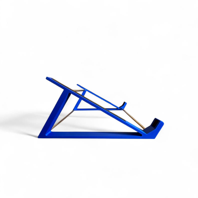 3D printed Pioneer XDJ RX2 / RX3 DJ Controller 30 degree stand by Cold Earth Industries, shown side view, in blue, on a white background