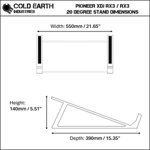 3D printed Pioneer XDJ RX2 / RX3 DJ Controller 20 degree stand dimensions by Cold Earth Industries on a white background