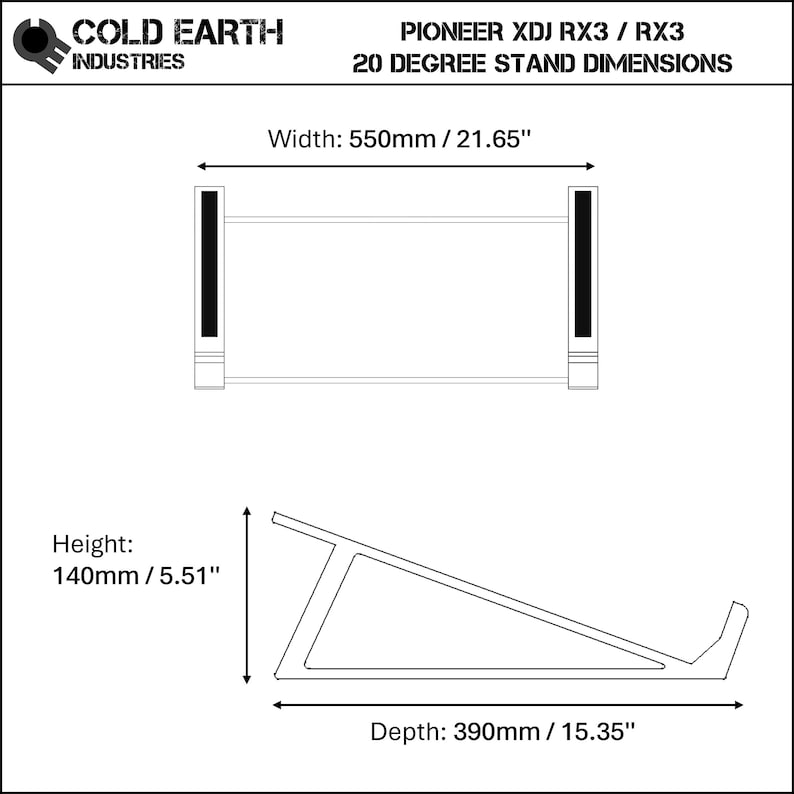 3D printed Pioneer XDJ RX2 / RX3 DJ Controller 20 degree stand dimensions by Cold Earth Industries on a white background
