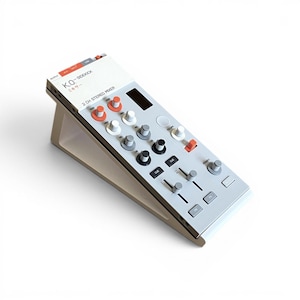 Könnte beinhalten: Ein grauer und weißer 2 CH STEREO MIXER mit orangefarbenen, weißen und schwarzen Knöpfen. Der Mixer ist auf einem hellbraunen Ständer angewinkelt. Der Text "K.O. - SIDEKICK" und japanische Schriftzeichen sind oben aufgedruckt.