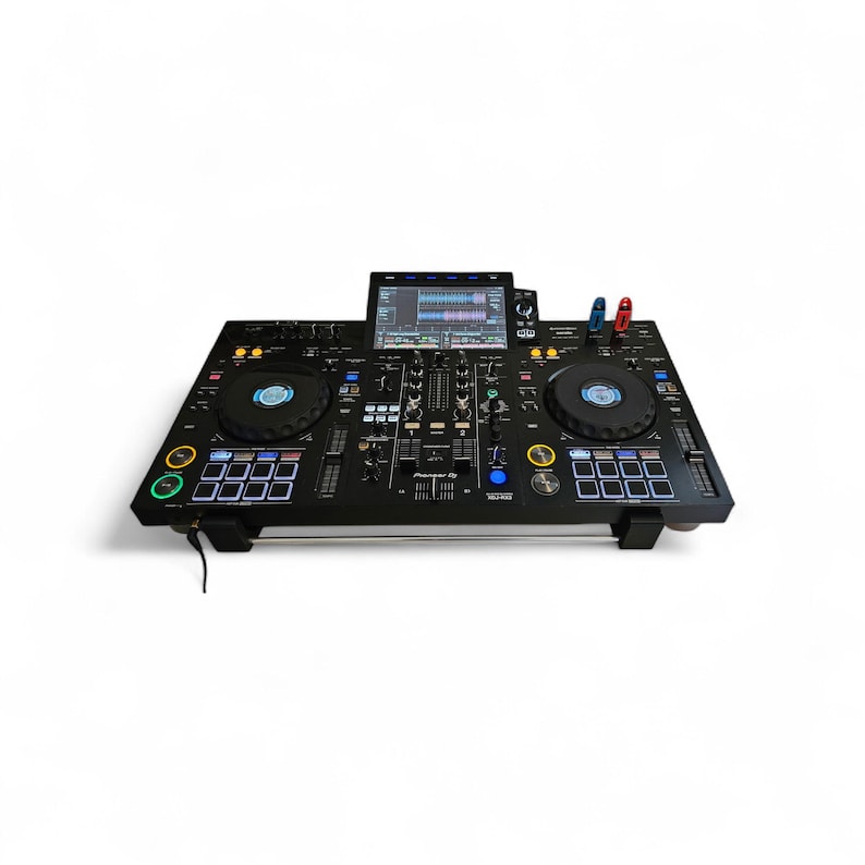 3D printed Pioneer XDJ RX2 / RX3 DJ Controller 20 degree stand by Cold Earth Industries, shown front view, in black, on a white background with a Pioneer XDJ RX3