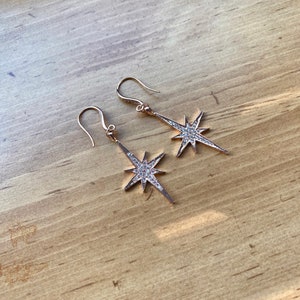 18K Rose Gold Plated Dainty Pave North Star Starburst Dangle Drop Earrings