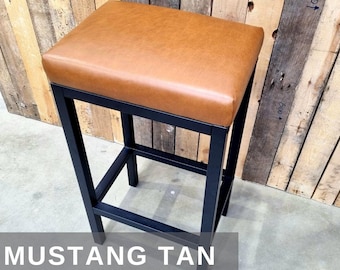 Genuine Leather Bar Stool with Steel Frame, Counter Height Kitchen Island Stool, Modern Barstools, Leather Seat - FP