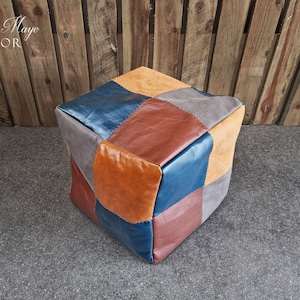 Handgjord äkta läder sittsäck puff fotpall, modern boho inredning, rustik heminredning