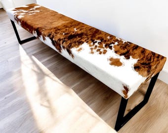 Cowhide and Steel Dining Bench, Modern Entryway Bench, Industrial Seating, Steel and Cowhide Bench - RGB