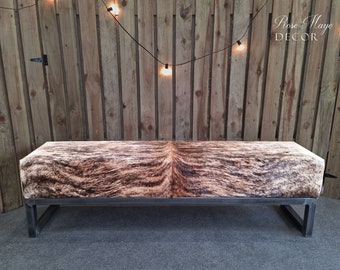 Custom-made Cowhide and steel bench | Cowhide ottoman | Cowhide footstool - Select Size, hide color and frame finish - FB
