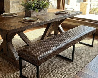 Handmade Diamond Stitched Leather Dining Bench – Fabricated Steel Frame - RGB