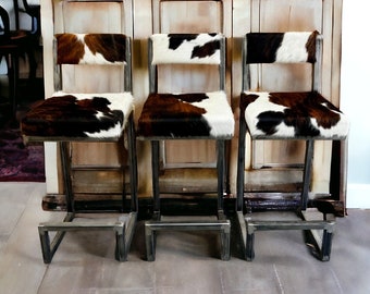 Cowhide bar stools with backs | Cowhide counter stools  - Genuine cowhide and steel frame - Handmade -RGBK-