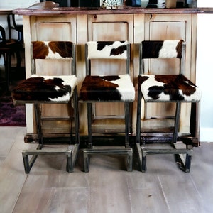 Cowhide bar stools with backs | Cowhide counter stools  - Genuine cowhide and steel frame - Handmade -RGBK-