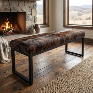 Banco de piel de vaca auténtica y acero negro mate para entrada, dormitorio y comedor - FPB