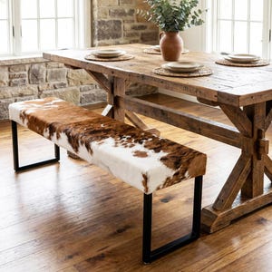 Cowhide and Steel Dining Bench, Modern Entryway Bench, Industrial Seating, Steel and Cowhide Bench - RGB