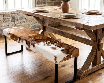 Cowhide and Steel Dining Bench, Modern Entryway Bench, Industrial Seating, Steel and Cowhide Bench - RGB