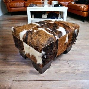 Cowhide Patchwork Foot Stool, Pouf Ottoman, Rustic Home Decor, Foot Rest Furniture - FS