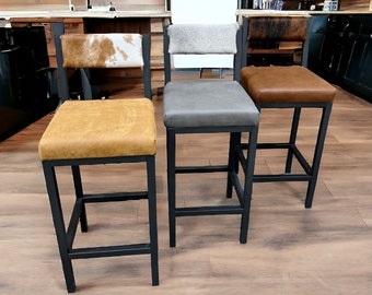 Cowhide and leather bar stool / cowhide and leather counter stool with backs - FPBK- (price is per stool)