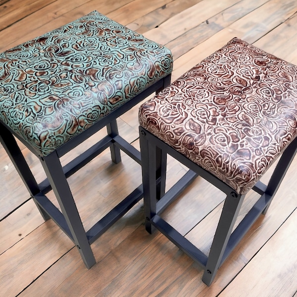 Embossed Roses genuine leather bar stool / Leather counter stools / Turquoise or Ivory  - Farmhouse style - Various seat heights FP