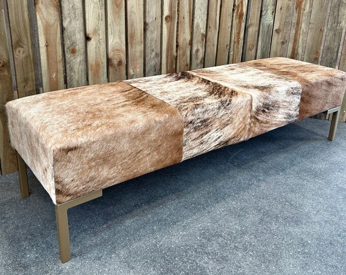 Vintage Farmhouse Settee Bench Faux Cowhide Fabric Tone on Tone