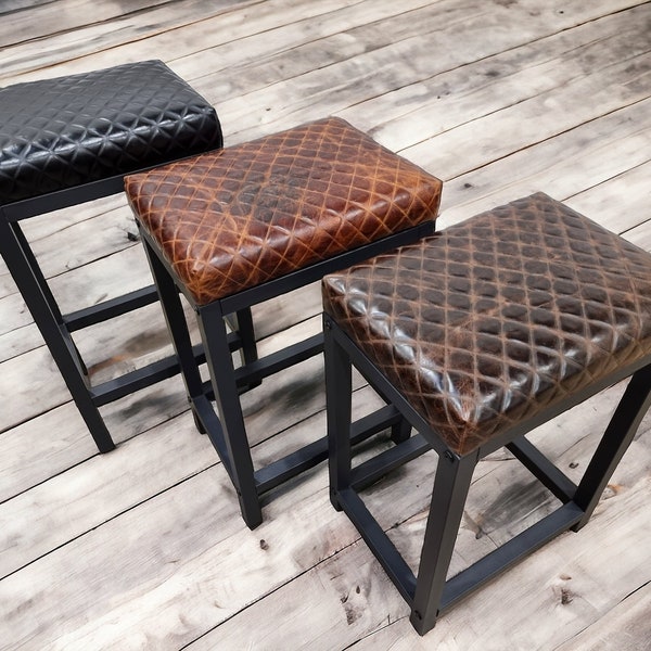 Diamond Stitched Genuine leather bar stool | Leather counter stool | Brown , Tan, or Black - Various seat heights FP