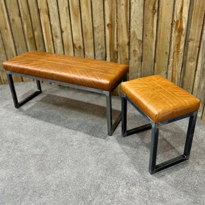 Light Brown Genuine Leather Upholstered Bench Ottoman Coffee